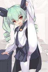 Rule 34 | 1girl, anchovy (girls und panzer), anzio school uniform, black cape, black necktie, black ribbon, breasts, cape, drill hair, girls und panzer, green hair, hair ribbon, karukan (monjya), long hair, looking at viewer, necktie, open mouth, pantyhose, red eyes, ribbon, school uniform, shirt, skirt, smile, solo, standing, standing on one leg, sweat, twin drills, twintails, white shirt