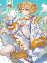Rule 34 | 1boy, androgynous, blonde hair, blue sky, bow, cloud, cogimyun, dress, fragaria memories, highres, long sleeves, looking at viewer, male focus, myunna (fragaria memories), open mouth, sanrio, short twintails, shorts, sky, smile, solo, teeth, twintails, wheat field, white bow, white dress, white shorts, yaoyaobae