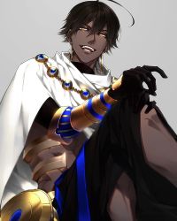 Rule 34 | 1boy, ahoge, brown hair, cape, dark-skinned male, dark skin, earrings, egyptian clothes, fate/grand order, fate/prototype, fate/prototype: fragments of blue and silver, fate (series), feet out of frame, grey background, hair between eyes, highres, jewelry, kiki (re 6xxx), looking at viewer, male focus, muscular, muscular male, open mouth, ozymandias (fate), short hair, sitting, smile, toned, toned male, type-moon, yellow eyes