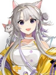 Rule 34 | 1girl, :d, absurdres, animal ear fluff, animal ears, arknights, artist name, bare shoulders, cat ears, choker, collarbone, dress, hair bun, hair ornament, hairclip, highres, jacket, kazemaru (arknights), looking at viewer, open clothes, open jacket, open mouth, origami, purple eyes, side bun, silver hair, simple background, single hair bun, single side bun, smile, solo, upper body, weibo watermark, white background, white choker, white dress, yellow jacket