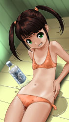 Rule 34 | 1girl, arm support, bare arms, bare shoulders, bikini, bottle, breasts, brown hair, cameltoe, collarbone, commentary request, dutch angle, from above, green eyes, grin, looking at viewer, looking up, lying, midriff, navel, on back, on floor, one-piece tan, orange bikini, orange scrunchie, original, puddle, rohitsuka, scrunchie, side-tie bikini bottom, sidelocks, small breasts, smile, solo, swimsuit, tan, tanline, twintails, wakamezake, water, water bottle, wet, wet clothes, wet swimsuit, wooden floor