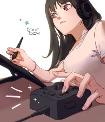 Rule 34 | 1girl, absurdres, black hair, brown hair, closed mouth, collarbone, drawing tablet, english text, fingernails, headphones, highres, holding, holding stylus, long hair, lu curie, original, purple eyes, simple background, solo, sparkle, star (symbol), stylus, tourbox, white background