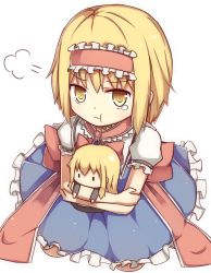 Rule 34 | 1girl, alice margatroid, baron (x5qgeh), blonde hair, bow, chibi, doll, from above, hair bow, hair ribbon, hairband, lolita hairband, long hair, looking at viewer, hugging object, pout, ribbon, shanghai doll, sitting, solo, tears, touhou, yellow eyes