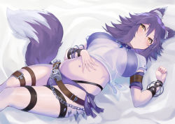 Rule 34 | 1girl, animal ear fluff, animal ears, arm belt, arm strap, belt, bikini, blush, bracelet, breasts, chain, closed mouth, criss-cross halter, halterneck, highres, jewelry, large breasts, looking at viewer, lying, makoto (princess connect!), makoto (summer) (princess connect!), medium hair, navel, on back, princess connect!, purple bikini, purple hair, see-through, shimon (31426784), shirt, sidelocks, solo, swimsuit, tail, thighs, tied shirt, wet, wet clothes, wet shirt, wolf ears, wolf girl, wolf tail, yellow eyes