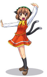 Rule 34 | 1girl, animal ears, brown eyes, brown hair, cat ears, cat girl, cat tail, chen, female focus, full body, kanno, multiple tails, simple background, solo, tail, touhou, white background
