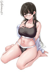 Rule 34 | 1girl, bare shoulders, barefoot, black hair, black sports bra, blush, breasts, choukai (kancolle), collarbone, ebifurya, glasses, grin, hand on own chest, hand up, heavy breathing, highres, kantai collection, large breasts, long hair, long sleeves, looking at viewer, one-hour drawing challenge, red eyes, shirt, simple background, sitting, smile, sports bra, sweat, thighs, twitter username, wariza, white background, white shirt