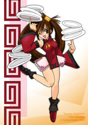 Rule 34 | boots, brown eyes, brown hair, china dress, chinese clothes, dress, guilty gear, guilty gear x, hair ornament, hairclip, kinomin, kuradoberi jam, long hair, lowres, one eye closed, red dress, solo, standing, standing on one leg