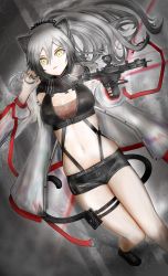 Rule 34 | 1girl, absurdres, animal ear fluff, animal ears, arknights, bad id, bad pixiv id, bare legs, black footwear, black scarf, black shorts, blurry, blurry background, bow (weapon), breasts, buckle, cat ears, cat tail, cleavage, commentary request, cowboy shot, crop top, crossbow, ear piercing, female focus, floating, from above, hair between eyes, highres, holding, holding bow (weapon), holding crossbow, holding weapon, holster, jacket, large breasts, long hair, long sleeves, looking at viewer, midriff, navel, off-shoulder jacket, off shoulder, open clothes, open jacket, parted lips, piercing, ponytail, scarf, schwarz (arknights), short shorts, shorts, sidelocks, silver hair, single bare shoulder, snap-fit buckle, solo, striped clothes, striped scarf, tail, thigh holster, underbust, wachikou, weapon, white jacket, yellow eyes