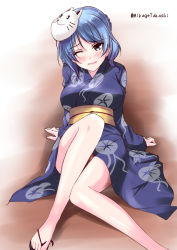 Rule 34 | 10s, 1girl, ;d, bare legs, blue eyes, blue hair, breasts, commentary request, double bun, ears visible through hair, eyebrows, fox mask, hair bun, japanese clothes, kantai collection, kimono, large breasts, long legs, looking at viewer, mask, matching hair/eyes, mikage takashi, obi, one eye closed, open mouth, sandals, sash, smile, solo, tripping, twitter username, urakaze (kancolle), yukata