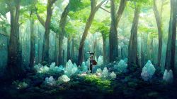 Rule 34 | 1girl, ai-assisted, bush, cat, crystal, fantasy, forest, highres, midjourney, mitolabo, nature, original, outdoors, plant, scenery, tree