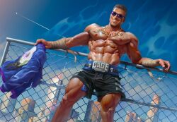 Rule 34 | 1boy, abs, bandaged arm, bandages, bara, black hair, black shorts, blue jacket, chest tattoo, cloud, day, highres, holding, holding clothes, holding jacket, jacket, jewelry, large pectorals, male focus, mortal kombat (series), mortal kombat 11, muscular, muscular male, navel, necklace, nipples, outdoors, pectorals, qaisan, short hair, shorts, sky, smile, solo, sunglasses, tattoo, teeth, thick thighs, thighs