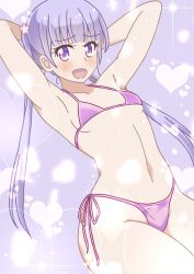 Rule 34 | 1girl, highres, long hair, looking at viewer, new game!, open mouth, pixiv (11393794), purple eyes, purple hair, solo, suzukaze aoba, swimsuit, twintails, very long hair