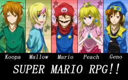 Rule 34 | 1girl, 4boys, :d, black shirt, blonde hair, blue eyes, blue headwear, blue overalls, blue shirt, bowser, brooch removed, brown hair, character name, closed eyes, closed mouth, commentary request, copyright name, crown, double v, dress, earrings, elbow gloves, facial hair, geno (mario), gloves, green shirt, grin, happy, hat, highres, horns, humanization, interlocked fingers, jewelry, long hair, long sleeves, looking at viewer, looking away, looking to the side, mallow (mario), mario, mario (series), miraxth523, multicolored hair, multiple boys, mustache, necklace, nintendo, open mouth, overalls, own hands clasped, own hands together, personification, pink dress, pink hair, pointy ears, princess peach, red headwear, red shirt, shirt, short hair, smile, star (symbol), super mario rpg, two-tone hair, v, white gloves