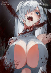 1girl absurdres alone_belm artist_name blood blood_splatter blue_eyes bodysuit breasts cinderella_(nikke) cleavage_cutout closed_mouth clothing_cutout crying crying_with_eyes_open dated goddess_of_victory:_nikke hair_ornament hair_over_one_eye highres huge_breasts large_breasts open_mouth solo spoilers stomach_cutout streaming_tears tearing_up tears twintails twitter_username upper_body watermark watermark_grid white_bodysuit white_hair