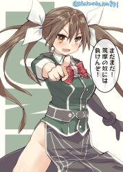 Rule 34 | 1girl, absurdres, bow, bowtie, brown hair, character name, commentary request, cowboy shot, elbow gloves, gloves, green shirt, hair between eyes, hair ribbon, highres, kantai collection, kitahama (siroimakeinu831), long hair, looking at viewer, military uniform, one-hour drawing challenge, pelvic curtain, pointing, red bow, red bowtie, ribbon, shirt, side slit, single elbow glove, single glove, solo, tone (kancolle), tone kai ni (kancolle), translation request, twintails, twitter username, uniform, white background, white ribbon