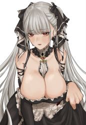 Rule 34 | 1girl, absurdres, azur lane, between breasts, black dress, breasts, choker, cleavage, dress, earrings, expulse, formidable (azur lane), frilled choker, frilled dress, frills, grey hair, hair ribbon, highres, jewelry, large breasts, long hair, red eyes, ribbon, solo, twintails, twintails day, two-tone dress, two-tone ribbon, very long hair, white background