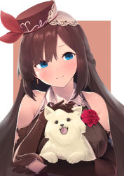 Rule 34 | 1girl, animal, bad id, bad pixiv id, bare shoulders, blue eyes, braid, breasts, brown background, brown dress, brown gloves, brown hair, brown headwear, closed mouth, collared dress, commentary request, dog, dress, earrings, elbow gloves, eyebrows hidden by hair, flower, furukawa itsuse, gloves, haruno nano, head tilt, highres, iriam, jewelry, medium breasts, red flower, red ribbon, red rose, ribbon, rose, sleeveless, sleeveless dress, smile, solo, tilted headwear, two-tone background, upper body, virtual youtuber, white background