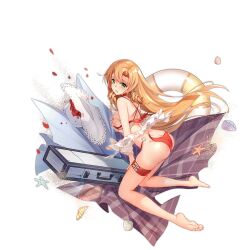 Rule 34 | 1girl, ass, barefoot, beach towel, beach umbrella, bikini, bison cangshu, blonde hair, breasts, butt crack, choker, drill hair, feet, flower, flower request, fn-49 (daydream under the parasol) (girls&#039; frontline), fn-49 (girls&#039; frontline), from side, full body, girls&#039; frontline, green eyes, hand on own chest, hat, hat flower, innertube, kneeling, large breasts, long hair, looking at viewer, official alternate costume, official art, open mouth, petals, red bikini, red choker, red flower, sand, seashell, shell, soles, solo, starfish, sun hat, swim ring, swimsuit, thigh strap, toes, torn bikini, torn clothes, towel, transparent background, twin drills, umbrella, unworn hat, unworn headwear, very long hair, weapon case, white hat