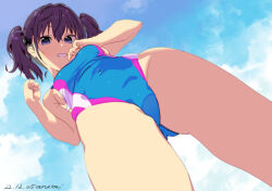 Rule 34 | 1girl, baba arumi, blue eyes, blue sky, breasts, clenched hand, cloud, competition swimsuit, covered navel, from below, grin, kuraue hinata, looking at viewer, medium breasts, one-piece swimsuit, purple hair, sky, smile, solo, standing, swimsuit, twintails, yama no susume