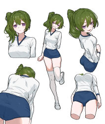 Rule 34 | 1girl, absurdres, alternate costume, blue buruma, buruma, closed mouth, from behind, from side, full body, green hair, gym uniform, highres, long sleeves, looking at viewer, medium hair, mo (mo80 rr), multiple views, parted lips, shirt, side ponytail, simple background, smile, sousou no frieren, standing, thighhighs, ubel (sousou no frieren), white background, white footwear, white shirt, white thighhighs
