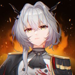 Rule 34 | 1girl, arknights, ascot, black ascot, black background, blood, blood on clothes, dragon girl, dragon horns, epaulettes, fire, gradient background, grey hair, hair between eyes, hair intakes, highres, horns, lingshalan, lips, looking at viewer, medium hair, portrait, shirt, solo, talulah (arknights), talulah the fighter (arknights), white shirt, yellow eyes