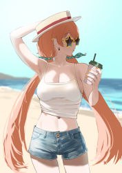 Rule 34 | 1girl, absurdres, bare shoulders, beach, blush, breasts, brown hair, cup, denim, denim shorts, earrings, hair ornament, hat, highres, holding, holding cup, jewelry, large breasts, long hair, looking at viewer, looking to the side, nail polish, nanahoshi milily, navel, ocean, orange nails, shirt, short shorts, shorts, solo, star-shaped eyewear, star (symbol), sun hat, sunglasses, tama (tamago), twintails, virtual youtuber, white shirt
