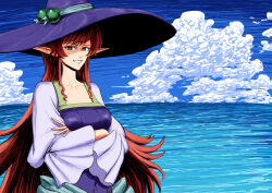 Rule 34 | 1girl, blue sky, breasts, cloud, collarbone, comic panel redraw, commentary, crossed arms, derivative work, hat, helck, highres, ibumuc, large breasts, large hat, long hair, long sleeves, ocean, pointy ears, puffy long sleeves, puffy sleeves, red eyes, red hair, shunova, sidelocks, sky, smile, solo, upper body, very long hair, wide sleeves, witch hat