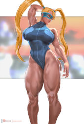 Rule 34 | 1girl, arm behind head, arm up, armpits, blonde hair, blue eyes, blue one-piece swimsuit, breasts, brown lips, capcom, competition swimsuit, covered abs, feet out of frame, fingernails, heart, heart print, highres, huge breasts, lips, long hair, muscular, muscular female, nose, one-piece swimsuit, print swimsuit, rainbow mika, rejean dubois, solo, street fighter, swimsuit, tan, thick thighs, thighs, twintails, very long hair, wrestling mask