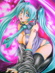 Rule 34 | 1girl, bad id, bad pixiv id, blush, breasts, cleavage, green eyes, green hair, hatsune miku, izumontan, large breasts, long hair, lowres, matching hair/eyes, necktie, open mouth, panties, solo, striped clothes, striped panties, thighhighs, tongue, tongue out, traditional media, underwear, very long hair, vocaloid