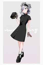 Rule 34 | 1girl, :o, absurdres, ahoge, alternate costume, alternate hairstyle, asashimo (kancolle), bag, black dress, blush, buttons, dress, earrings, full body, gloves, green eyes, grey background, grey hair, hair over one eye, highres, holding, jewelry, kantai collection, multicolored hair, open mouth, platform footwear, short sleeves, socks, solo, standing, white socks, zippo teifujou