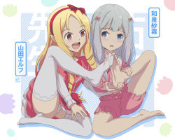 Rule 34 | 2girls, text background, barefoot, blonde hair, blue eyes, blunt bangs, blush, bow, brown eyes, commentary, conejologia, dress, drill hair, eromanga sensei, frilled dress, frills, full body, grey hair, hair bow, hairband, highres, holding own foot, izumi sagiri, leg up, long hair, long sleeves, looking at another, looking to the side, low-tied long hair, multiple girls, open mouth, pajamas, patterned background, pink bow, pink dress, pink pajamas, pointy ears, red bow, sitting, smile, teeth, thighhighs, translation request, twin drills, upper teeth only, white legwear, yamada elf
