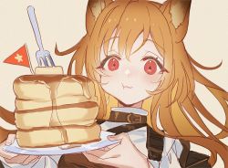 Rule 34 | 1girl, :t, animal ears, arknights, awa iro, butter, ceobe (arknights), closed mouth, commentary, diamond-shaped pupils, diamond (shape), dog ears, eating, flag, food, grey background, holding, holding plate, light brown hair, long hair, looking at viewer, pancake, pancake stack, plate, portrait, red eyes, shirt, simple background, smile, solo, strap, symbol-shaped pupils, syrup, turtleneck, white shirt
