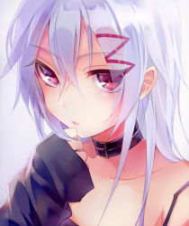 Rule 34 | 1girl, choker, close-up, collarbone, commentary, expressionless, eyebrows, eyes visible through hair, grey background, hair between eyes, looking at viewer, original, parted lips, red eyes, sleeves past wrists, solo, strap slip, tlla, white hair