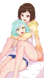 Rule 34 | 2girls, :d, bang dream!, bare legs, bed sheet, between legs, between thighs, blue shorts, blush, brown eyes, brown hair, commentary, feet out of frame, green eyes, green hair, hand on another&#039;s leg, hazawa tsugumi, highres, hikawa hina, holding another&#039;s leg, hood, hood down, hoodie, hug, hug from behind, jokarara, korean commentary, leaning back, long sleeves, looking at another, multiple girls, on bed, open mouth, shirt, short hair, shorts, sitting, smile, swept bangs, thick thighs, thighs, white background, white shirt, yellow hoodie, yuri