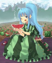 Rule 34 | 1girl, :d, ;q, aki (mare desiderii), bad id, bad pixiv id, blue eyes, blue hair, dress, earrings, field, food, food print, food-themed clothes, fruit, holding, holding food, holding fruit, jewelry, long hair, matching hair/eyes, one eye closed, open mouth, original, ponytail, sitting, smile, solo, tongue, tongue out, watermelon, watermelon print, wink