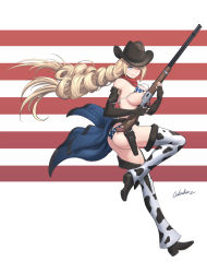 Rule 34 | 1girl, american flag bikini, american flag print, animal print, ass, bikini, blonde hair, blue eyes, breasts, brown footwear, brown gloves, brown hat, chaps, cow print, cowboy hat, elbow gloves, fingerless gloves, flag print, full body, gloves, gun, hat, highres, holding, holding gun, holding weapon, holster, holstered, large breasts, long hair, odachu, one eye closed, original, print bikini, rifle, solo, striped, striped background, swimsuit, weapon
