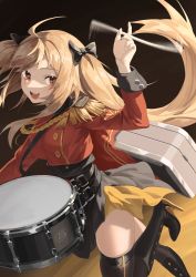 Rule 34 | 1girl, absurdres, black thighhighs, drum, girls&#039; frontline, highres, instrument, long hair, looking at viewer, marching band, official alternate costume, open mouth, ribbon, rui (rei leyi), scar, scar across eye, scar on face, simple background, smile, solo, thighhighs, twintails, ump9 (bolero dance bird) (girls&#039; frontline), ump9 (girls&#039; frontline), uniform, weapon case