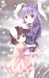 2girls :3 animal_ears bad_id bad_pixiv_id blazer breasts brown_hair female_focus gradient_background highres inaba_tewi jacket long_hair multiple_girls necktie purple_hair rabbit_ears red_eyes reisen_udongein_inaba short_hair skirt thighhighs touhou unya_(unya-unya)