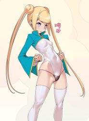 Rule 34 | 1girl, blonde hair, blunt bangs, blush, breasts, clenched hands, commentary request, covered navel, detached sleeves, double bun, fighting stance, full body, hair bun, high collar, highleg, highleg leotard, highres, leotard, long hair, lowleg, lowleg panties, original, panties, panties over clothes, purple eyes, shrug (clothing), small breasts, solo, standing, thighhighs, tomoyuki kotani, translation request, twintails, underwear, very long hair, white leotard, white thighhighs, wide sleeves