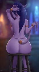 Rule 34 | 1girl, anus, armlet, ass, back tattoo, backboob, blue eyes, blue hair, blurry, blurry background, bracelet, breasts, cleft of venus, colored skin, commentary, completely nude, draenei, english commentary, from behind, hand in own hair, highres, horns, jewelry, large breasts, nude, on stool, ottomarr, purple skin, pussy, signature, sitting, solo, stool, tail, tail ornament, tattoo, warcraft
