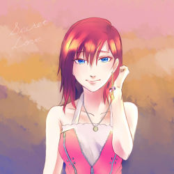 Rule 34 | 1girl, blue eyes, closed mouth, collarbone, earrings, english text, highres, jewelry, kairi (kingdom hearts), kingdom hearts, kingdom hearts ii, looking at viewer, medium hair, necklace, red hair, single earring, smile, solo