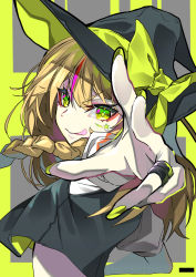 Rule 34 | 1girl, :q, black hat, black shirt, blonde hair, bow, braid, closed mouth, commentary, cropped shirt, facial mark, fingernails, foreshortening, from side, hat, hat bow, jewelry, kirisame marisa, licking lips, long fingernails, long hair, looking at viewer, midriff, nail polish, ring, shirt, short sleeves, side braid, smile, solo, star (symbol), tendou kaoru, tongue, tongue out, touhou, two-tone headwear, upper body, v-shaped eyes, witch hat, yellow background, yellow bow, yellow eyes, yellow hat, yellow nails, yellow theme