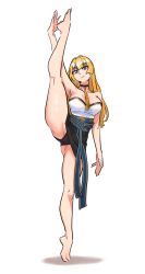Rule 34 | 1girl, bad id, bad pixiv id, bare legs, bare shoulders, barefoot, blonde hair, blue eyes, breasts, choker, dungeon and fighter, full body, highres, large breasts, long hair, royal tea, shadow, simple background, solo, split, standing, standing on one leg, standing split, tassel, white background