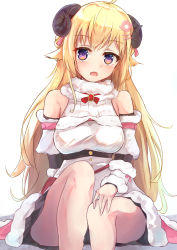 Rule 34 | 1girl, ahoge, animal ears, bare legs, blush, breasts, commentary, cowboy shot, detached sleeves, dress, fur-trimmed dress, fur trim, hair ornament, hairclip, highres, hololive, horns, long hair, looking at viewer, medium breasts, open mouth, purple eyes, sheep ears, sheep horns, shuuzo3, simple background, sitting, solo, thighs, tsunomaki watame, tsunomaki watame (1st costume), virtual youtuber, white background, white dress, wide hips, wool