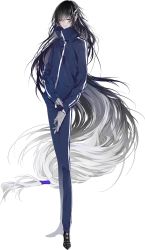 Rule 34 | 10s, 1boy, absurdly long hair, alternate costume, black hair, closed eyes, full body, gloves, gradient hair, juzumaru tsunetsugu, long hair, low-tied long hair, male focus, molatoliamu, multicolored hair, official art, personification, smile, solo, touken ranbu, track suit, transparent background, very long hair, white gloves