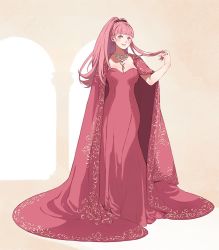 Rule 34 | 1girl, ai-wa, breasts, cleavage, commission, cosplay, dress, female focus, fire emblem, fire emblem: three houses, full body, hilda valentine goneril, jewelry, long hair, matching hair/eyes, necklace, nintendo, parted lips, pink dress, pink eyes, pink hair, ponytail, solo, standing