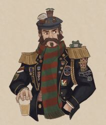 Rule 34 | 1boy, absurdres, alcohol, alternate costume, beard, beer, costume request, cropped torso, cup, epaulettes, facial hair, frog, graves (league of legends), highres, holding, holding cup, league of legends, long mustache, looking to the side, male focus, mature male, military uniform, mutton chops, plant on head, scarf, short hair, solo, tesnuzzik, thick eyebrows, thick mustache, uniform