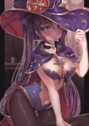 Rule 34 | 1girl, absurdres, aqua eyes, arm up, black choker, black pantyhose, blush, breasts, cape, center opening, choker, cleavage, closed mouth, fur-trimmed cape, fur trim, genshin impact, glint, hand on headwear, hat, highres, huge filesize, indoors, large breasts, leaning forward, leehwa, leotard, long hair, looking at viewer, mona (genshin impact), navel, pantyhose, purple cape, purple hair, purple hat, purple leotard, solo, strapless, strapless leotard, thigh gap, twintails, very long hair, witch hat