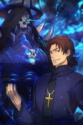 Rule 34 | 2boys, armor, brown hair, commentary request, cross, crucifix, fake horns, fate/grand order, fate (series), glowing, glowing eyes, hand on own hip, hand up, horned headwear, horns, king hassan (fate), kotomine kirei, long sleeves, mask, matsumoto tomoyohi, multiple boys, parted bangs, priest, shoulder spikes, skull mask, smile, sparkle, spikes