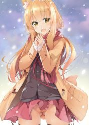 Rule 34 | 1girl, :d, animal ear fluff, animal ears, black shirt, black thighhighs, blonde hair, blush, brown coat, brown scarf, brown skirt, coat, commentary request, fang, fate/grand order, fate (series), fox ears, fox girl, fox tail, gluteal fold, hair between eyes, head tilt, interlocked fingers, long hair, long sleeves, looking at viewer, no panties, open clothes, open coat, open mouth, outdoors, pleated skirt, pussy, pussy peek, sasakura, scarf, shirt, skirt, smile, snowing, solo, suzuka gozen (fate), tail, thighhighs, very long hair, yellow eyes